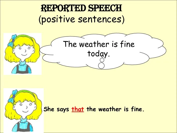 She says that the weather is fine. Reported Speech (positive sentences) The weather is fine today.