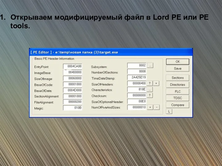 Открываем модифицируемый файл в Lord PE или PE tools.