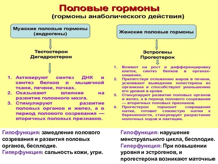 Гипофункция: замедление полового созревания и развития половых органов, бесплодие. Гиперфункция: сальность кожи,