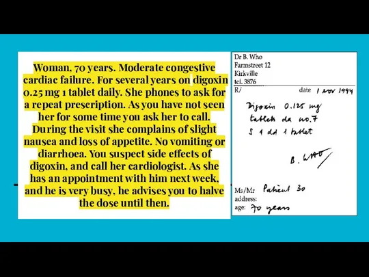 Woman, 70 years. Moderate congestive cardiac failure. For several years on digoxin