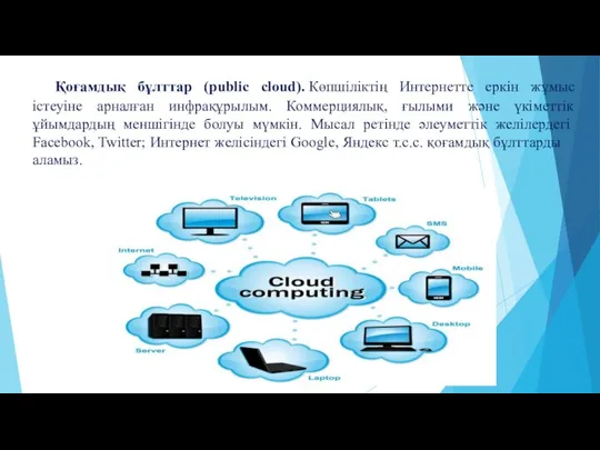 Қоғамдық бұлттар (public cloud). Көпшіліктің Интернетте еркін жұмыс істеуіне арналған инфрақұрылым. Ком­мерциялық,