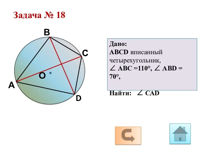 Задача № 18 А С О D В Дано: АВСD вписанный четырехугольник,