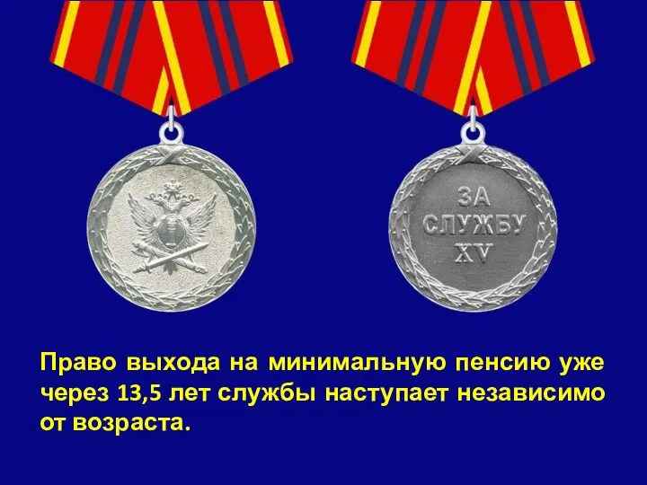 Право выхода на минимальную пенсию уже через 13,5 лет службы наступает независимо от возраста.