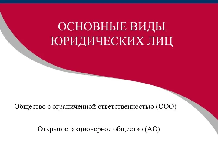 ОСНОВНЫЕ ВИДЫ ЮРИДИЧЕСКИХ ЛИЦ Открытое акционерное общество (АО) Общество с ограниченной ответственностью (ООО)