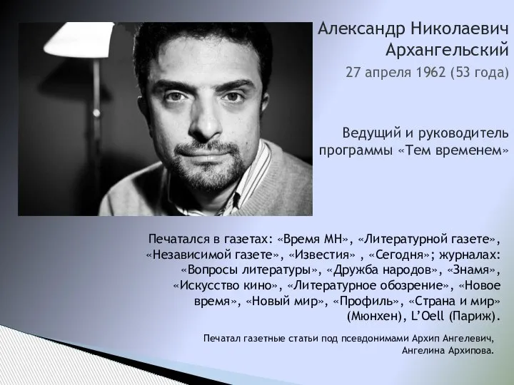 Александр Николаевич Архангельский 27 апреля 1962 (53 года) Ведущий и руководитель программы