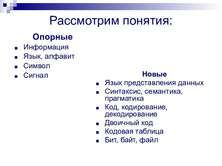 Рассмотрим понятия: Опорные Информация Язык, алфавит Символ Сигнал Новые Язык представления данных