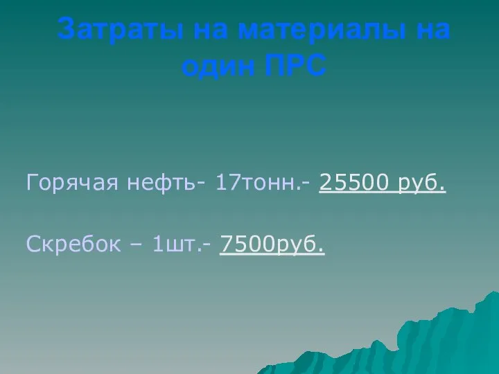 Затраты на материалы на один ПРС Горячая нефть- 17тонн.- 25500 руб. Скребок – 1шт.- 7500руб.