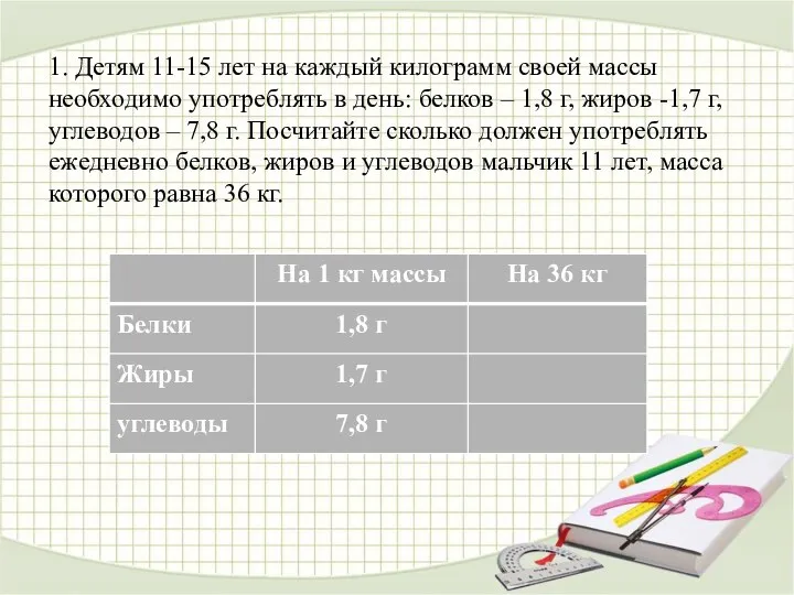 1. Детям 11-15 лет на каждый килограмм своей массы необходимо употреблять в