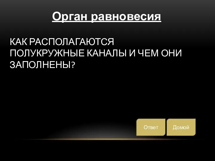 КАК РАСПОЛАГАЮТСЯ ПОЛУКРУЖНЫЕ КАНАЛЫ И ЧЕМ ОНИ ЗАПОЛНЕНЫ? Домой Ответ Орган равновесия