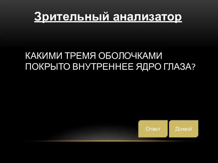 КАКИМИ ТРЕМЯ ОБОЛОЧКАМИ ПОКРЫТО ВНУТРЕННЕЕ ЯДРО ГЛАЗА? Зрительный анализатор Домой Ответ