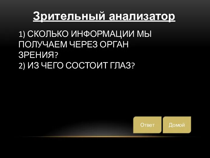 1) СКОЛЬКО ИНФОРМАЦИИ МЫ ПОЛУЧАЕМ ЧЕРЕЗ ОРГАН ЗРЕНИЯ? 2) ИЗ ЧЕГО СОСТОИТ