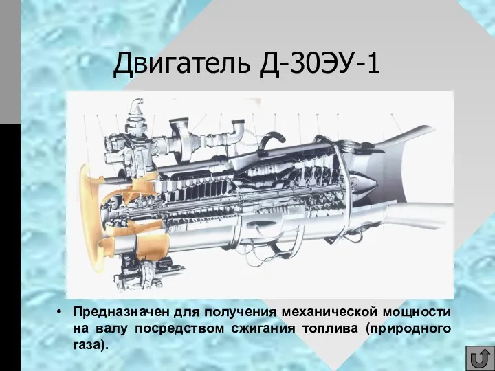 Двигатель Д-30ЭУ-1 Предназначен для получения механической мощности на валу посредством сжигания топлива (природного газа).