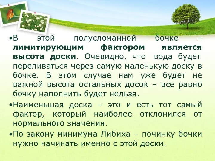 В этой полусломанной бочке –лимитирующим фактором является высота доски. Очевидно, что вода