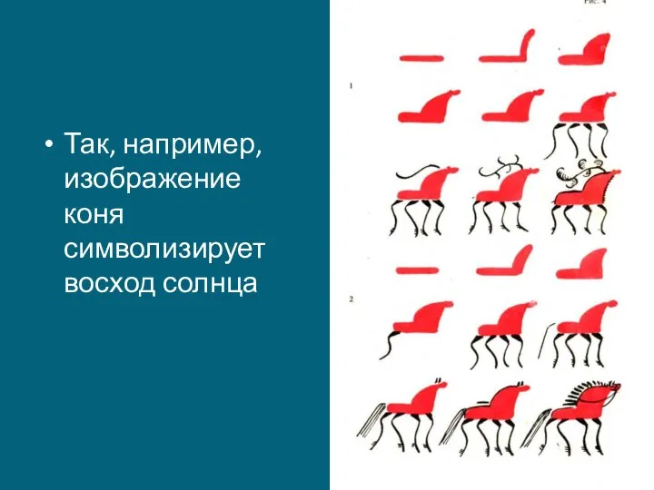 Так, например, изображение коня символизирует восход солнца