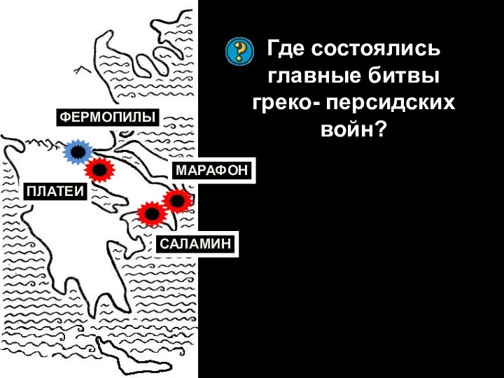 Где состоялись главные битвы греко- персидских войн? МАРАФОН ФЕРМОПИЛЫ САЛАМИН ПЛАТЕИ