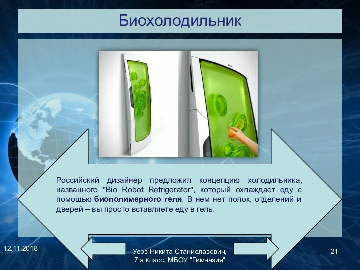 Биохолодильник 12.11.2018 Усов Никита Станиславович, 7 а класс, МБОУ "Гимназия" Российский дизайнер