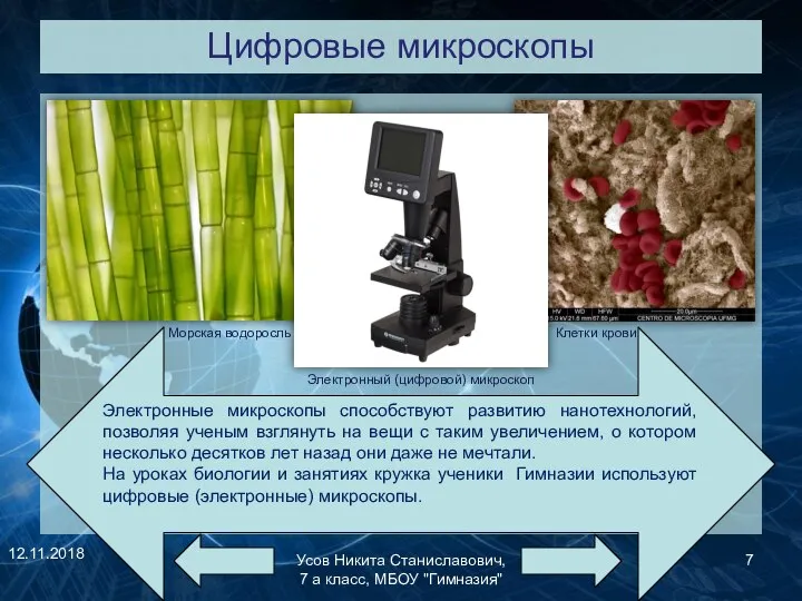 Цифровые микроскопы Усов Никита Станиславович, 7 а класс, МБОУ "Гимназия" Электронные микроскопы