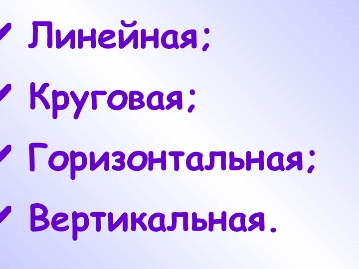 Линейная; Круговая; Горизонтальная; Вертикальная.