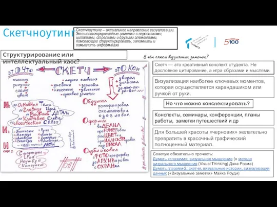 Скетчноутинг – актуальное направление визуализации. Это иллюстрированные заметки с персонажами, цитатами, стрелками