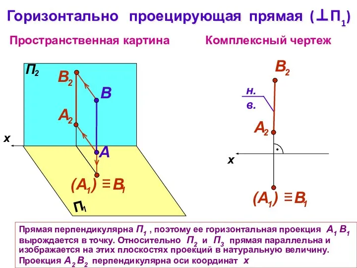 x Пространственная картина Комплексный чертеж A B Горизонтально проецирующая прямая (⊥П1) Прямая