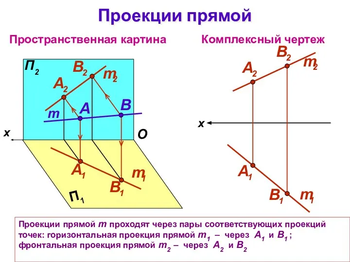 Проекции прямой m проходят через пары соответствующих проекций точек: горизонтальная проекция прямой