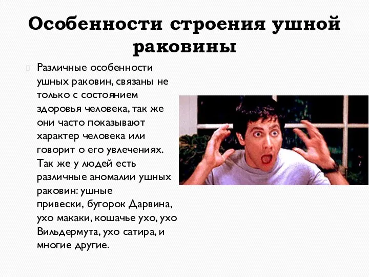 Особенности строения ушной раковины Различные особенности ушных раковин, связаны не только с