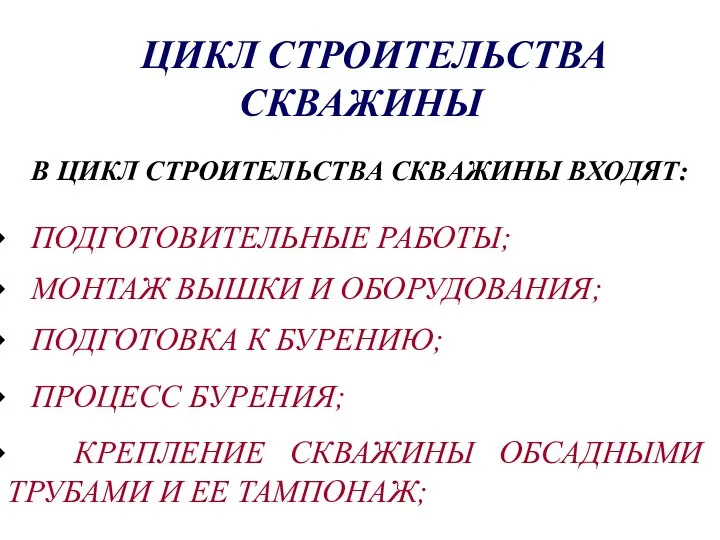 ЦИКЛ СТРОИТЕЛЬСТВА СКВАЖИНЫ В ЦИКЛ СТРОИТЕЛЬСТВА СКВАЖИНЫ ВХОДЯТ: ПОДГОТОВИТЕЛЬНЫЕ РАБОТЫ; МОНТАЖ ВЫШКИ