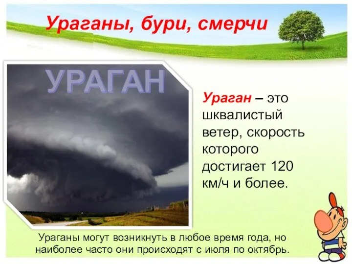 Ураганы, бури, смерчи Ураган – это шквалистый ветер, скорость которого достигает 120