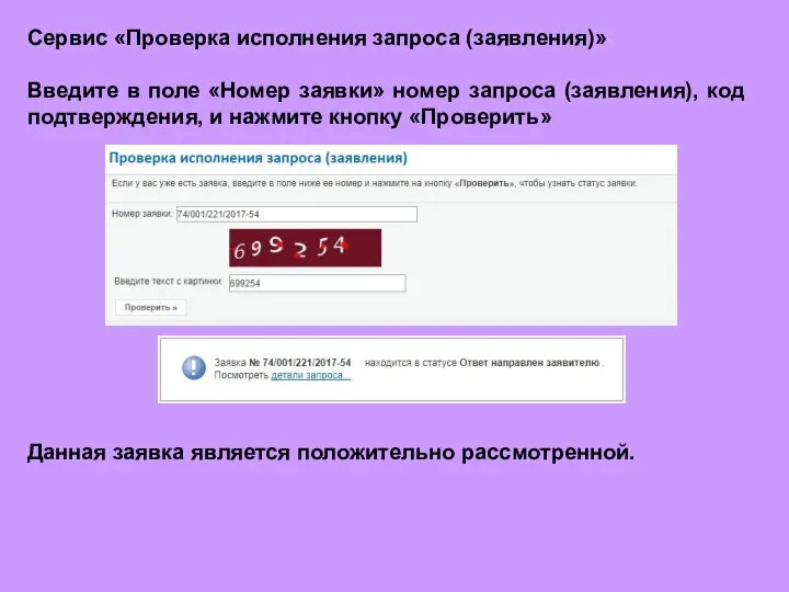 Сервис «Проверка исполнения запроса (заявления)» Введите в поле «Номер заявки» номер запроса