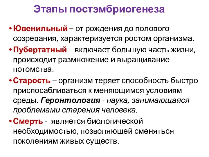 Этапы постэмбриогенеза Ювенильный – от рождения до полового созревания, характеризуется ростом организма.