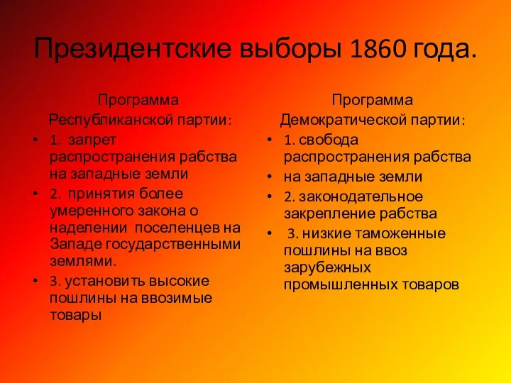 Президентские выборы 1860 года. Программа Республиканской партии: 1. запрет распространения рабства на