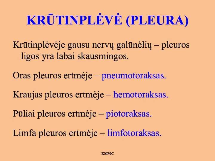 KRŪTINPLĖVĖ (PLEURA) Krūtinplėvėje gausu nervų galūnėlių – pleuros ligos yra labai skausmingos.