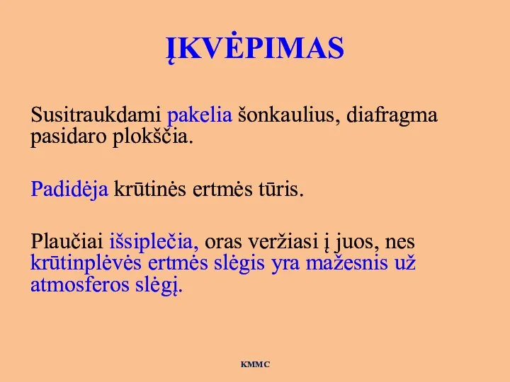 ĮKVĖPIMAS Susitraukdami pakelia šonkaulius, diafragma pasidaro plokščia. Padidėja krūtinės ertmės tūris. Plaučiai