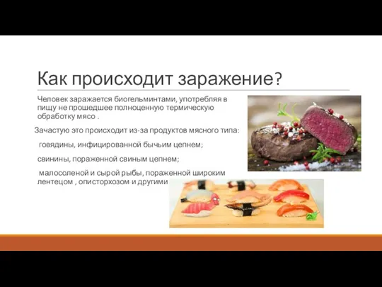 Как происходит заражение? Человек заражается биогельминтами, употребляя в пищу не прошедшее полноценную