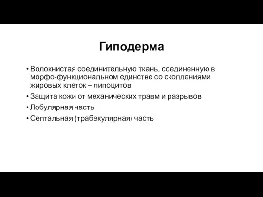 Гиподерма Волокнистая соединительную ткань, соединенную в морфо-функциональном единстве со скоплениями жировых клеток