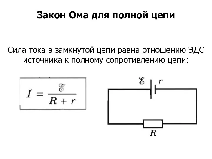 Сила тока в замкнутой цепи равна отношению ЭДС источника к полному сопротивлению