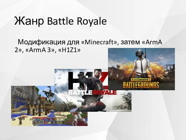 Жанр Battle Royale Модификация для «Minecraft», затем «ArmA 2», «ArmA 3», «H1Z1»