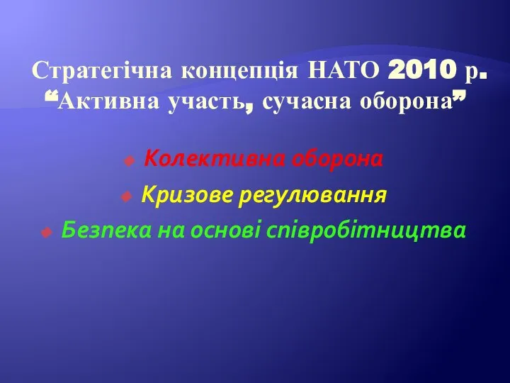 Стратегічна концепція НАТО 2010 р. “Активна участь, сучасна оборона” Колективна оборона Кризове