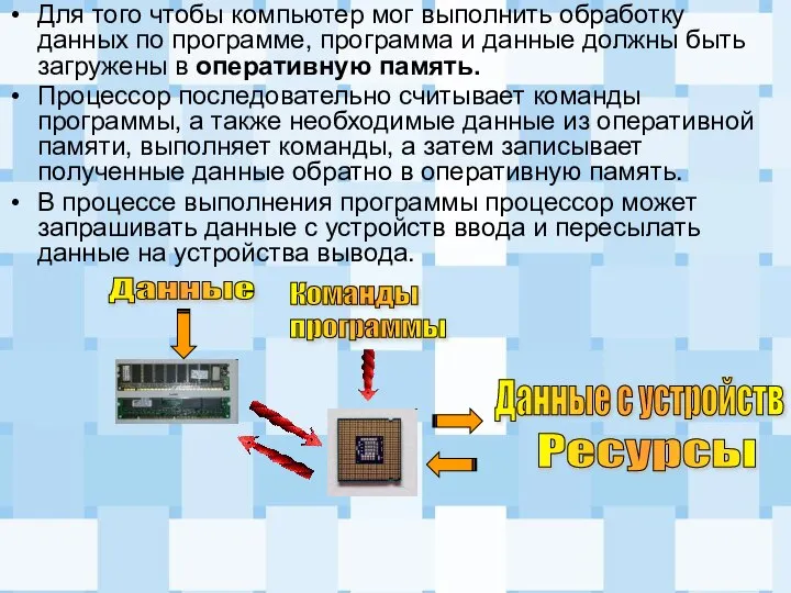 Для того чтобы компьютер мог выполнить обработку данных по программе, программа и