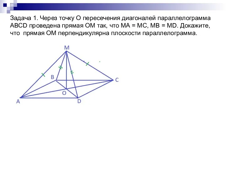 Задача 1. Через точку О пересечения диагоналей параллелограмма АВСD проведена прямая ОМ