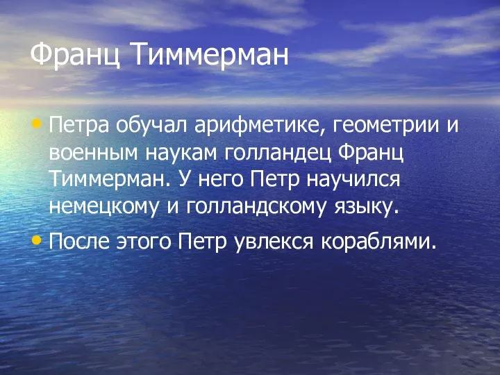 Франц Тиммерман Петра обучал арифметике, геометрии и военным наукам голландец Франц Тиммерман.