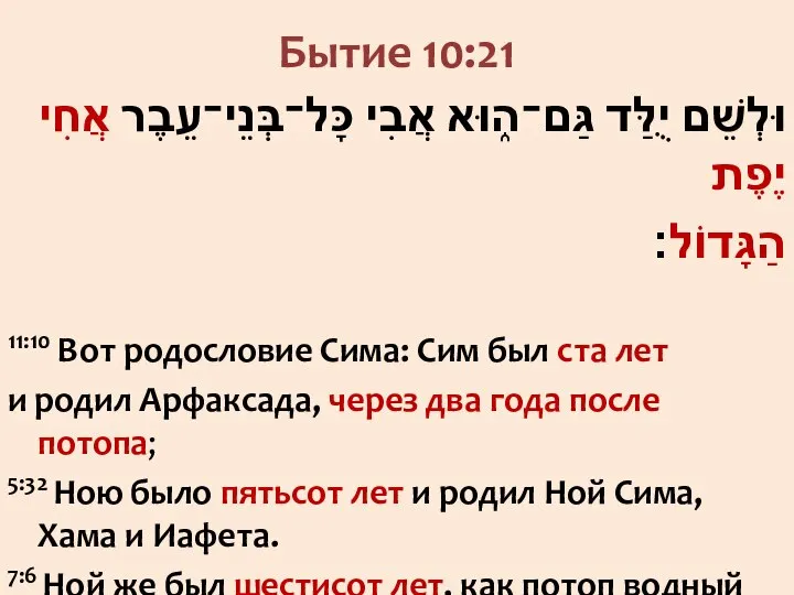 Бытие 10:21 וּלְשֵׁם יֻלַּד גַּם־ה֑וּא אֲבִי כָּל־בְּנֵי־עֵבֶר אֲחִי יֶפֶת הַגָּדוֹל׃ 11:10 Вот