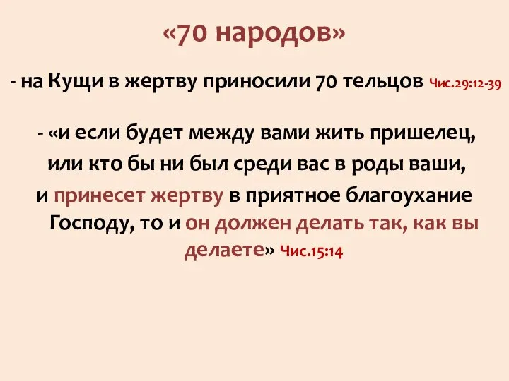 «70 народов» - на Кущи в жертву приносили 70 тельцов Чис.29:12-39 -