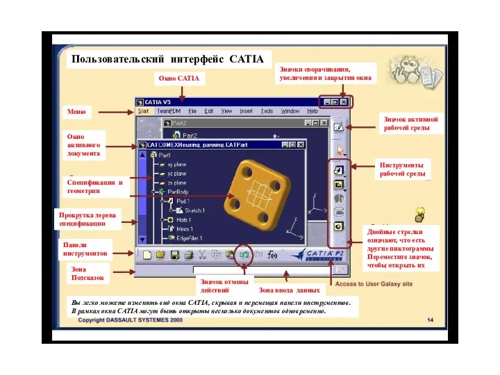 Пользовательский интерфейс CATIA Меню Окно CATIA Окно активного документа Спецификация и геометрия