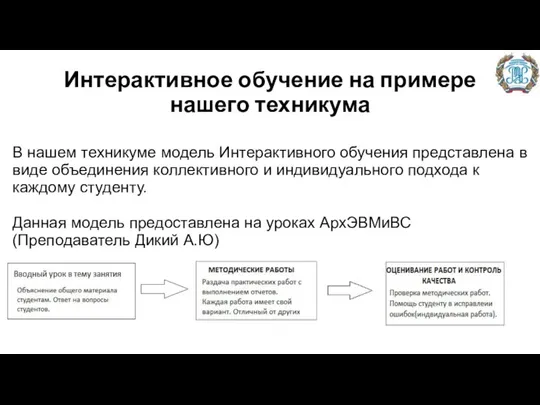 Интерактивное обучение на примере нашего техникума В нашем техникуме модель Интерактивного обучения