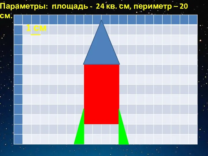 1 см Параметры: площадь - 24 кв. см, периметр – 20 см.