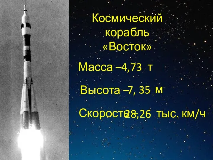 Космический корабль «Восток» Масса – Высота – Скорость – 4,73 т 7,