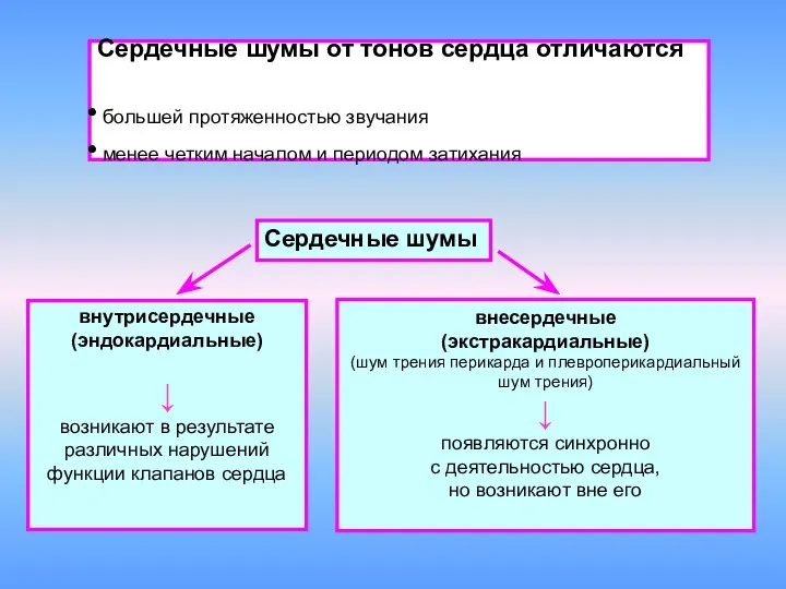 Сердечные шумы от тонов сердца отличаются большей протяженностью звучания менее четким началом