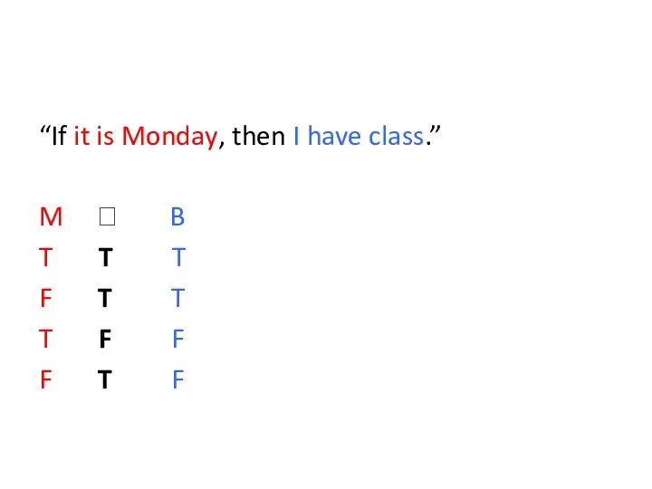 “If it is Monday, then I have class.” M ? B T
