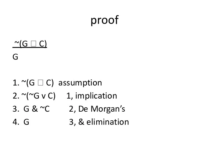 proof ~(G ? C) G 1. ~(G ? C) assumption 2. ~(~G